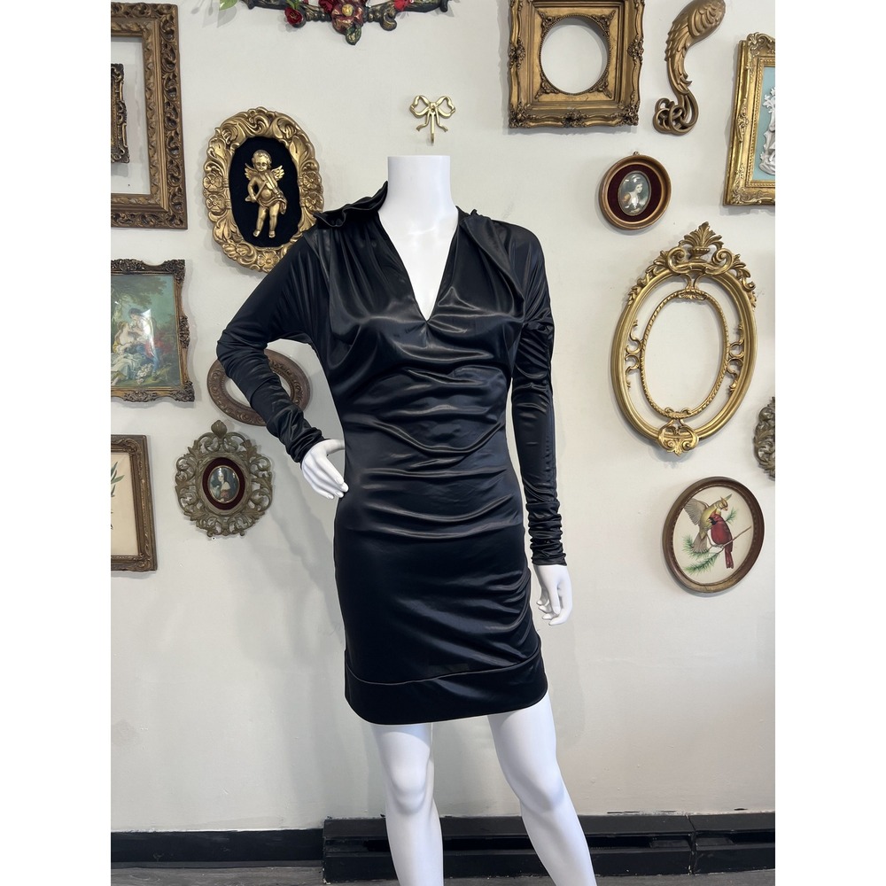 Les Chiffonniers Black Liquid Satin Silk Draped Mini Dress Size S